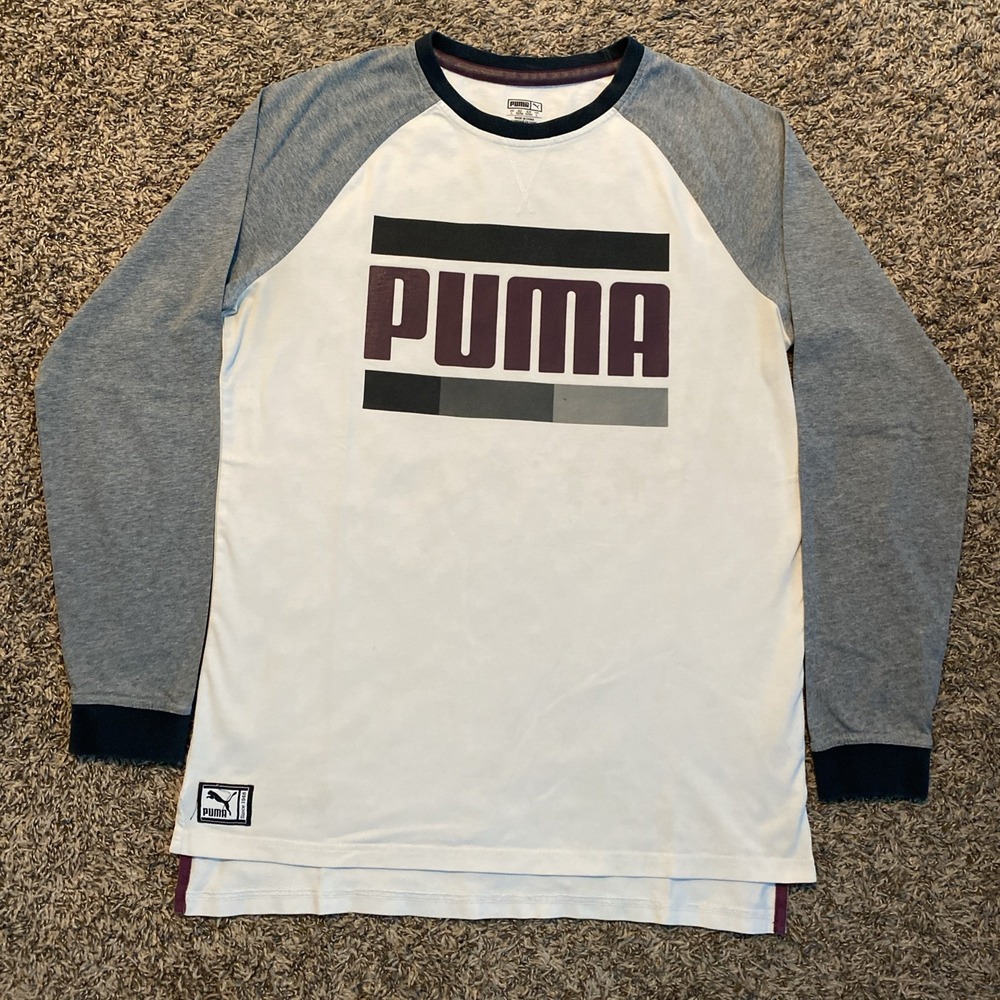 Puma Long Sleeve Shirt Mens Large White Grey Raglan Graphic Logo Tee
